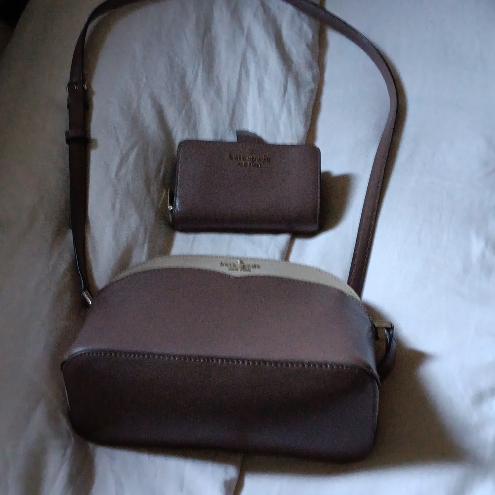 Kate Spade eggplant and cream colored bag and wallet. Pristine condition